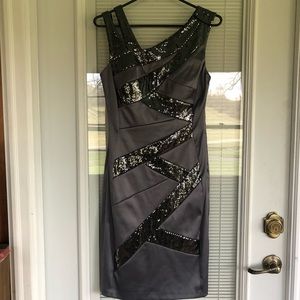 Dark gray asymmetrical dress with a black/silver sequin design